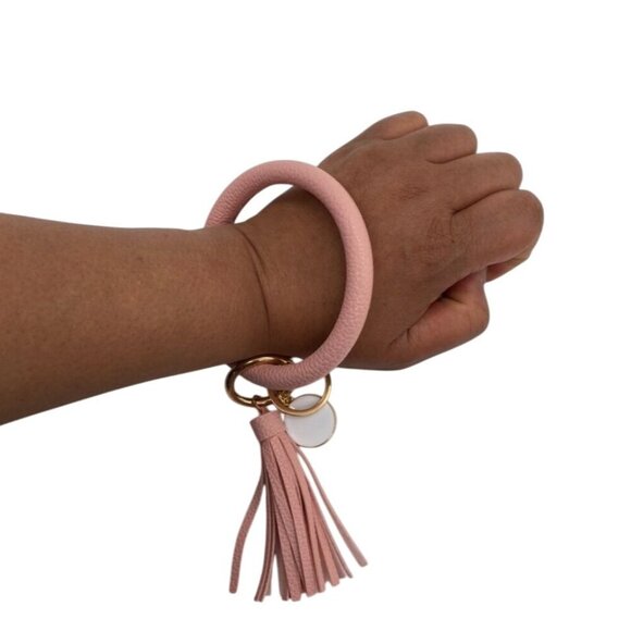 Leather Tassel Bangle Keychain Pink With Gold Rings & Charm Wristlet For Women - Picture 2 of 4